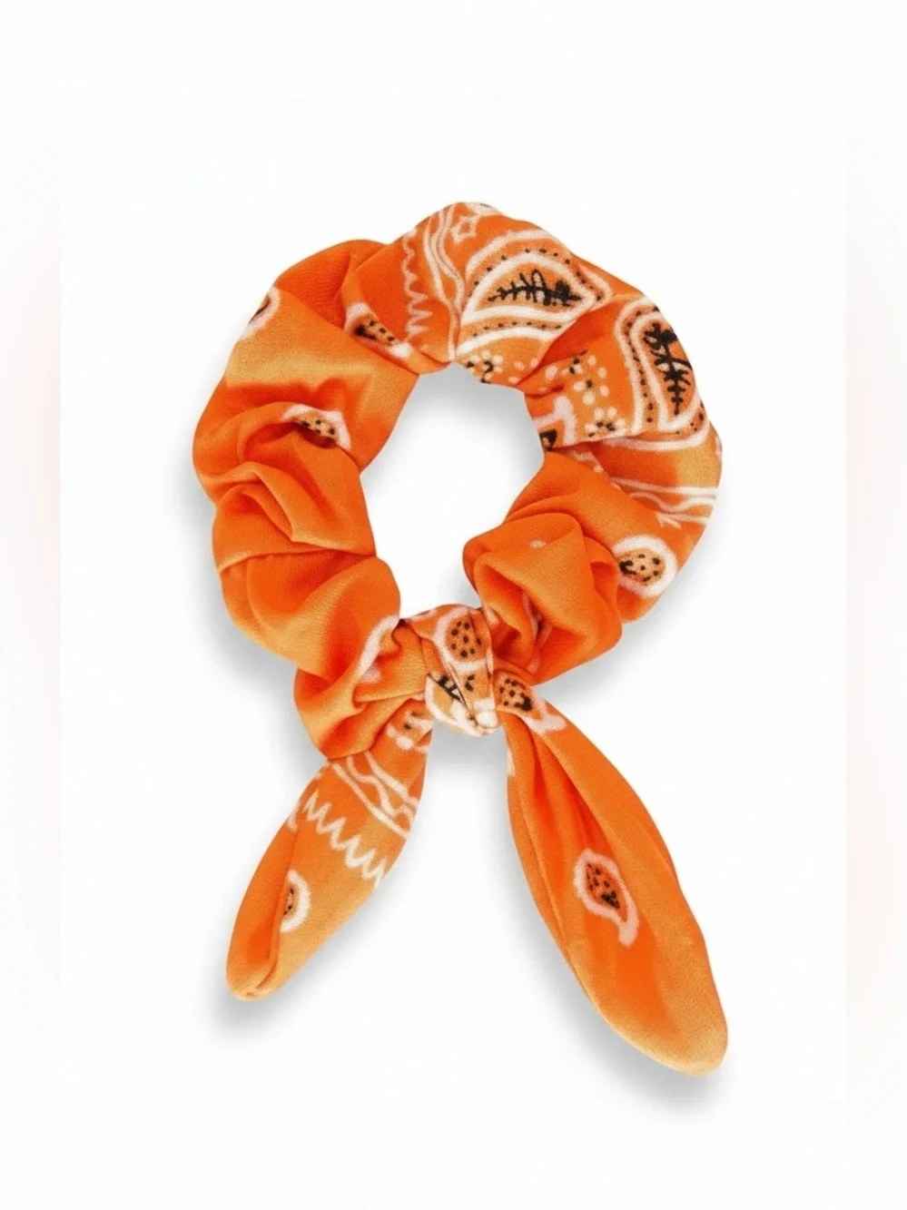 Orange Paisley Bandana Floral Flower Western Wired Trailing Ribbon Scrunchie